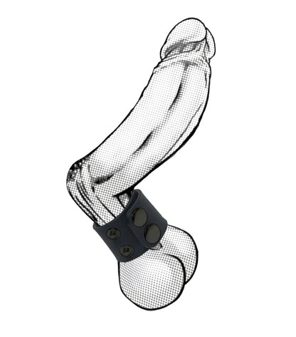Black leather ball strap red with three circular metal studs wrapped around a phallic-shaped object