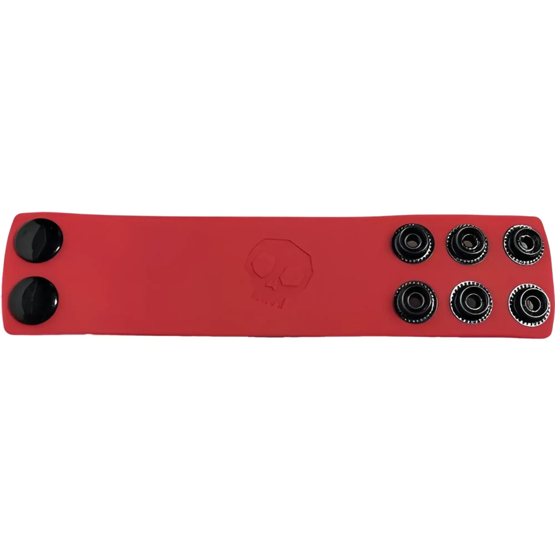 Red leather ball strap wristband with black snap buttons and debossed skull emblem