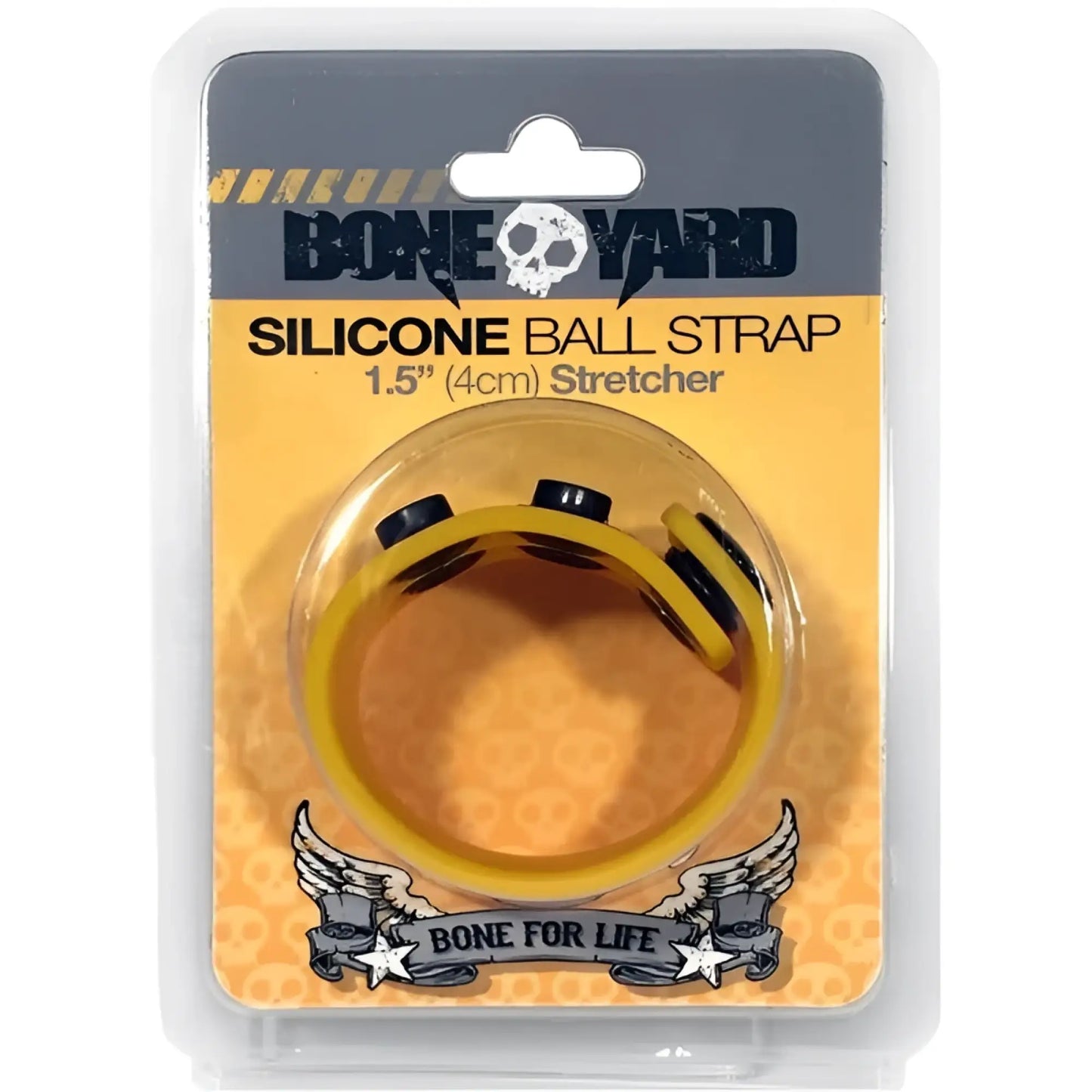 Yellow silicone ball strap with black rubberized ends branded as Bone Yard for secure sport and gear attachment