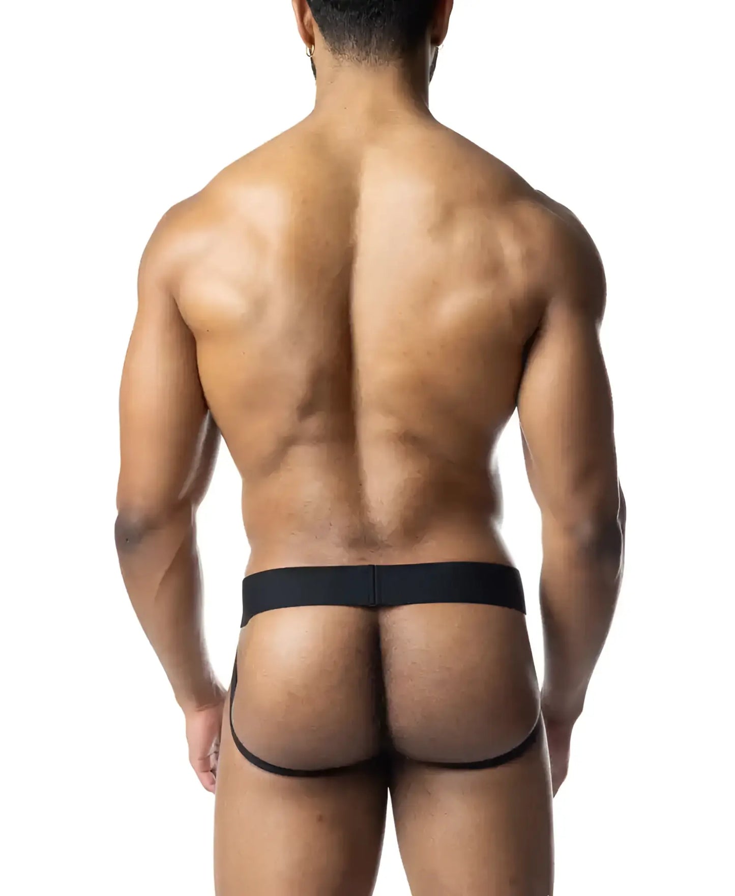 Black barbed wire jockstrap with a narrow waistband and leg openings designed for athletic support