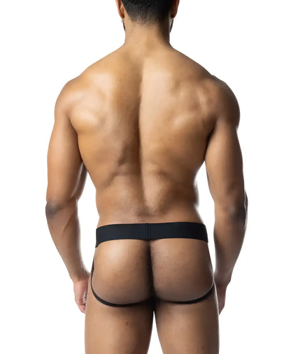 Black barbed wire jockstrap with a narrow waistband and leg openings designed for athletic support