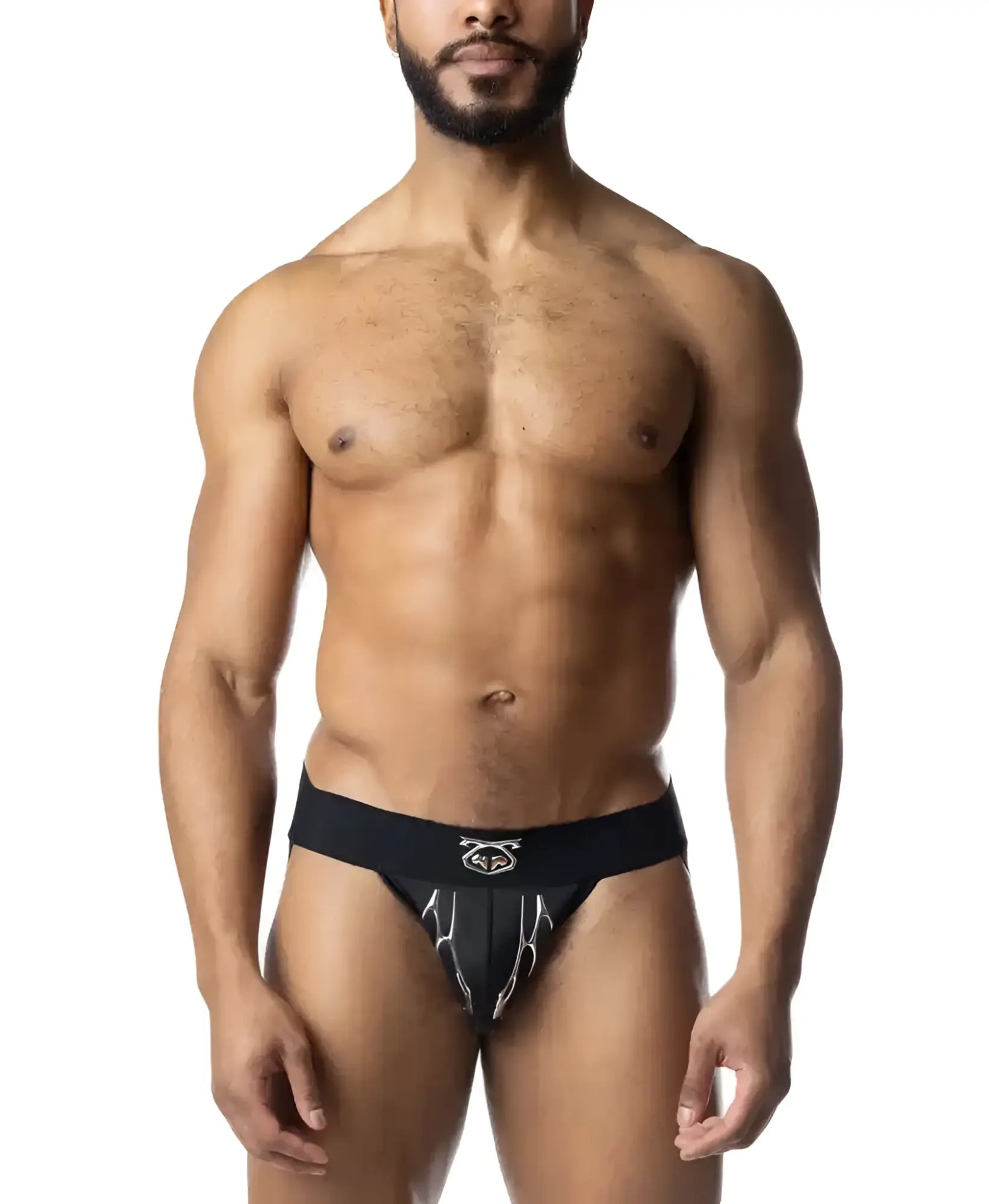 Black athletic barbed wire jockstrap with white lightning bolt design and logo on waistband front view