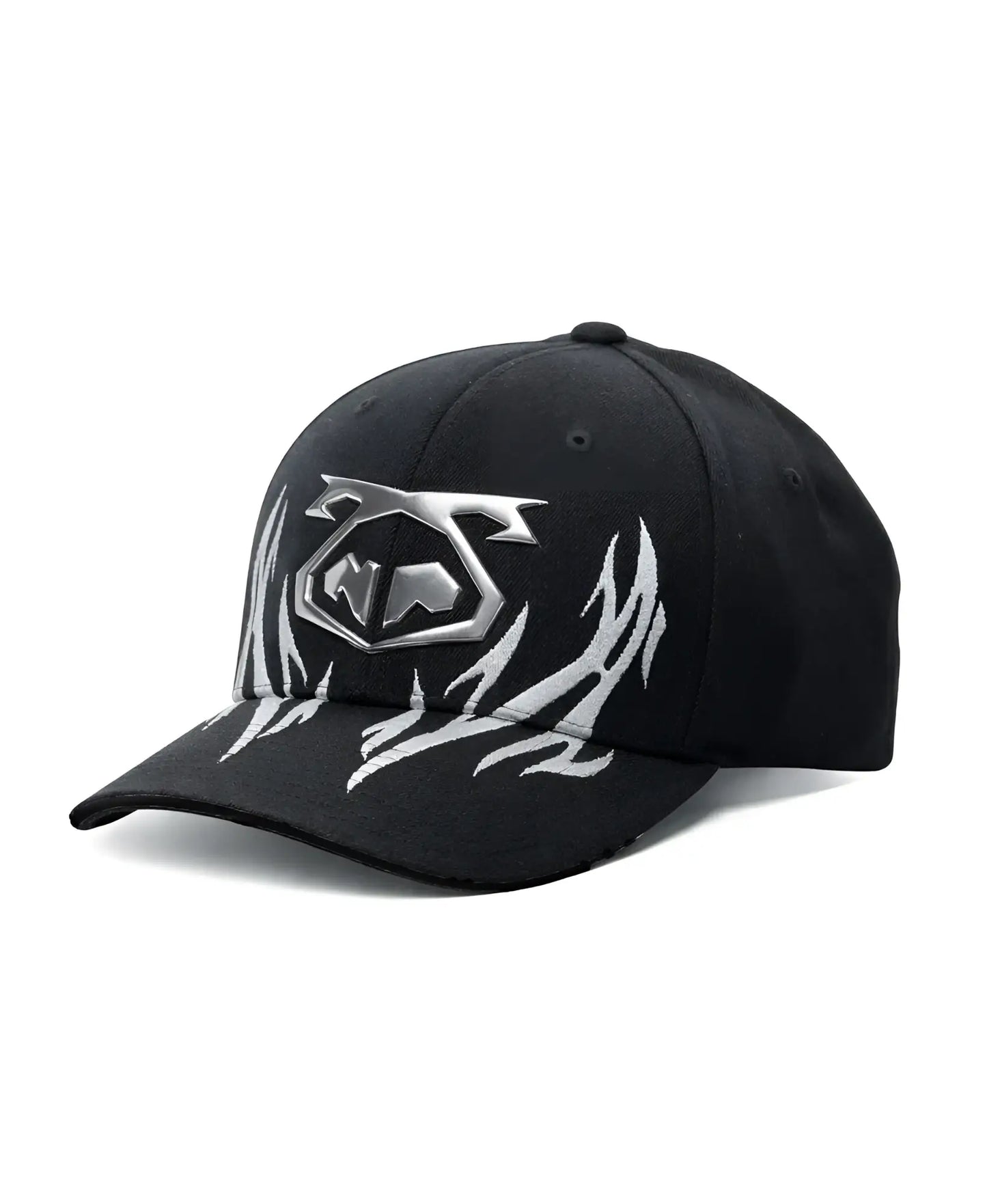 Black barbed wire snout cap featuring a silver metallic logo and flame-like embroidery on the front