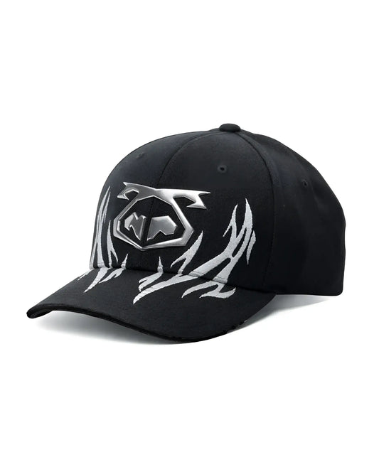 Black barbed wire snout cap featuring a silver metallic logo and flame-like embroidery on the front