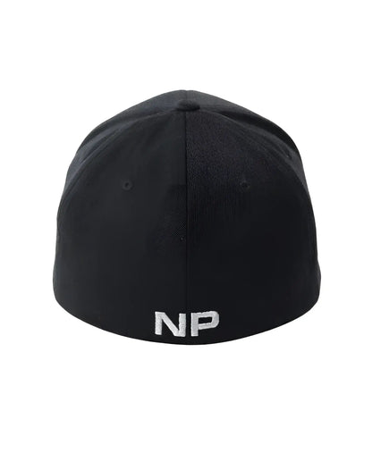 Black fitted barbed wire snout cap showing back with white embroidered np logo on cotton fabric