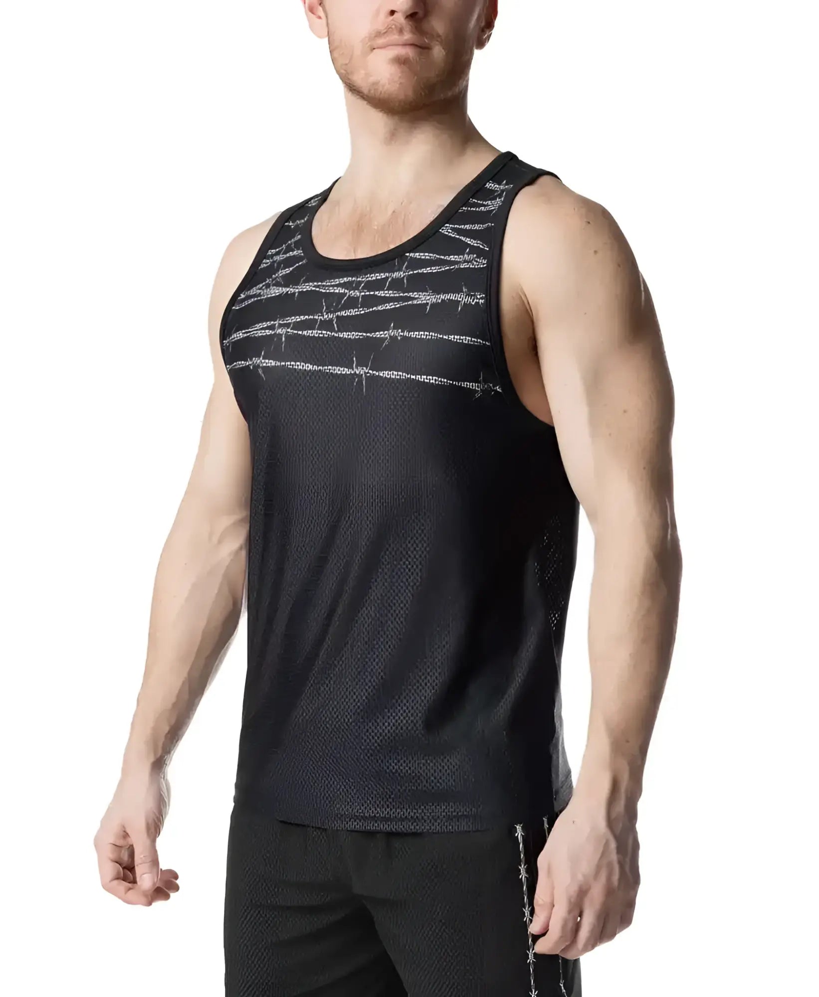 Black athletic tank top with subtle silver barbed wire pattern across the chest and side seam detailing