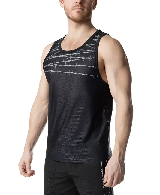 Black athletic tank top with subtle silver barbed wire pattern across the chest and side seam detailing