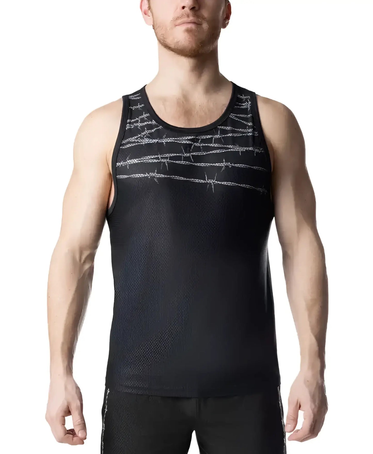 Black athletic tank top with subtle silver barbed wire pattern across the chest for active wear