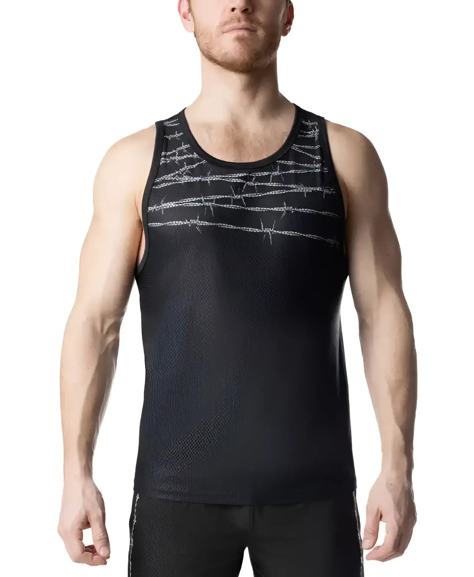 Black athletic tank top with subtle silver barbed wire pattern across the chest for active wear