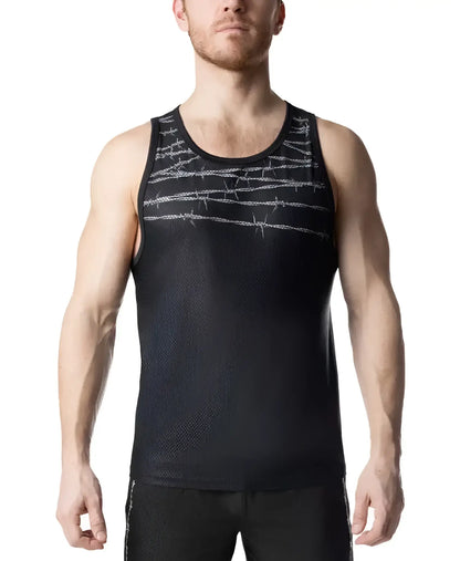 Black athletic tank top with subtle silver barbed wire pattern across the chest for active wear