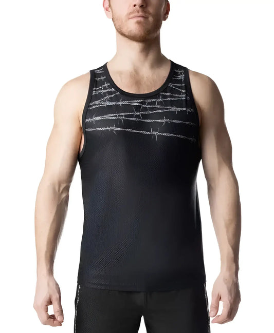 Black athletic tank top with subtle silver barbed wire pattern across the chest for active wear