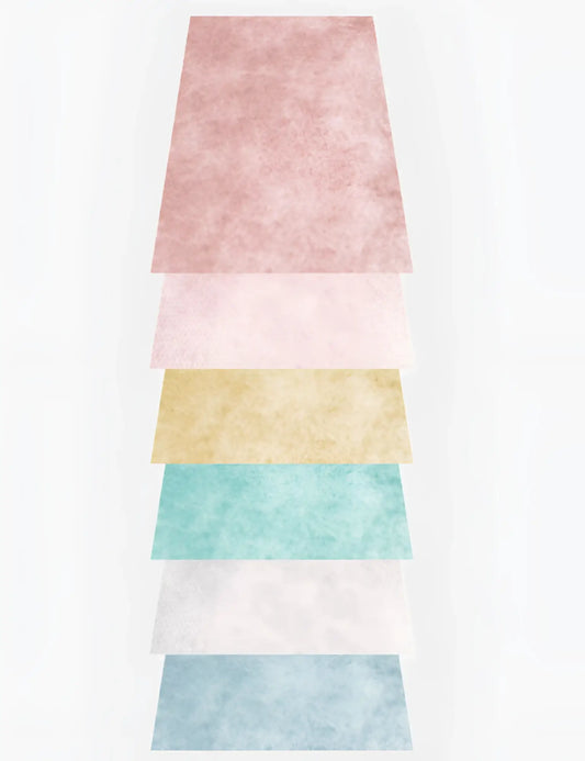 A stack of six pastel-colored textured paper sheets for barcode berlin 5 pack mask filters size one size