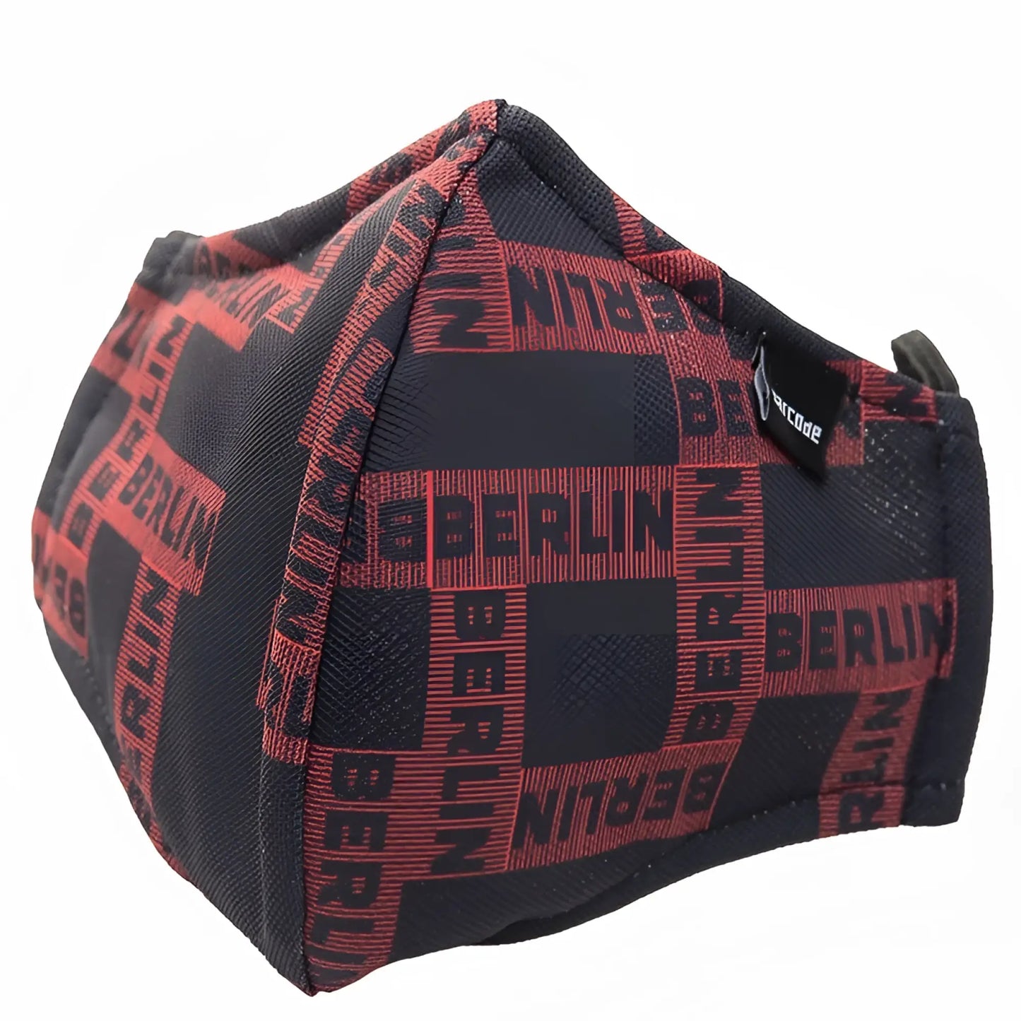 Black and red patterned unisex face mask with berlin text design barcode berlin chief warrant officer grayson model