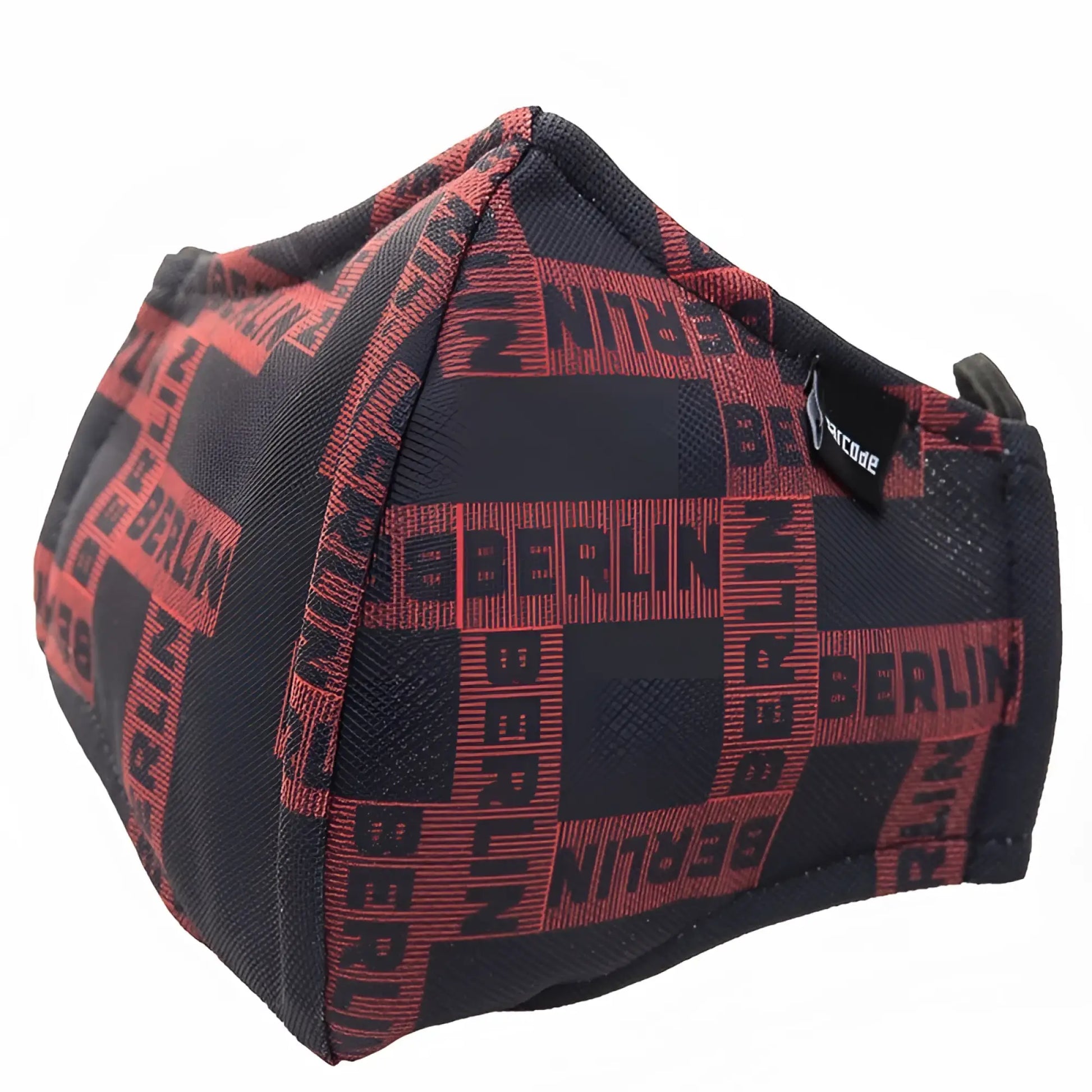 Black and red patterned unisex face mask with berlin text design barcode berlin chief warrant officer grayson model