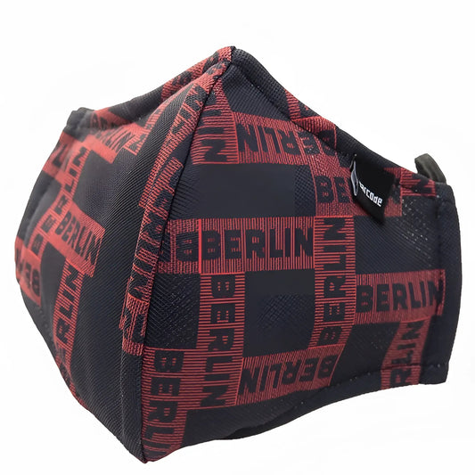 Black and red patterned unisex face mask with berlin text design barcode berlin chief warrant officer grayson model