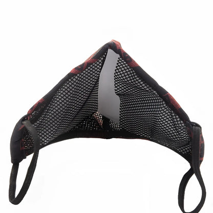 Black mesh face mask with red and black patterned trim barcode berlin chief warrant officer grayson unisex size one size