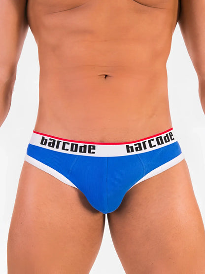 Blue and white ribbed barcode berlin dani hole backless jock brief underwear in size large