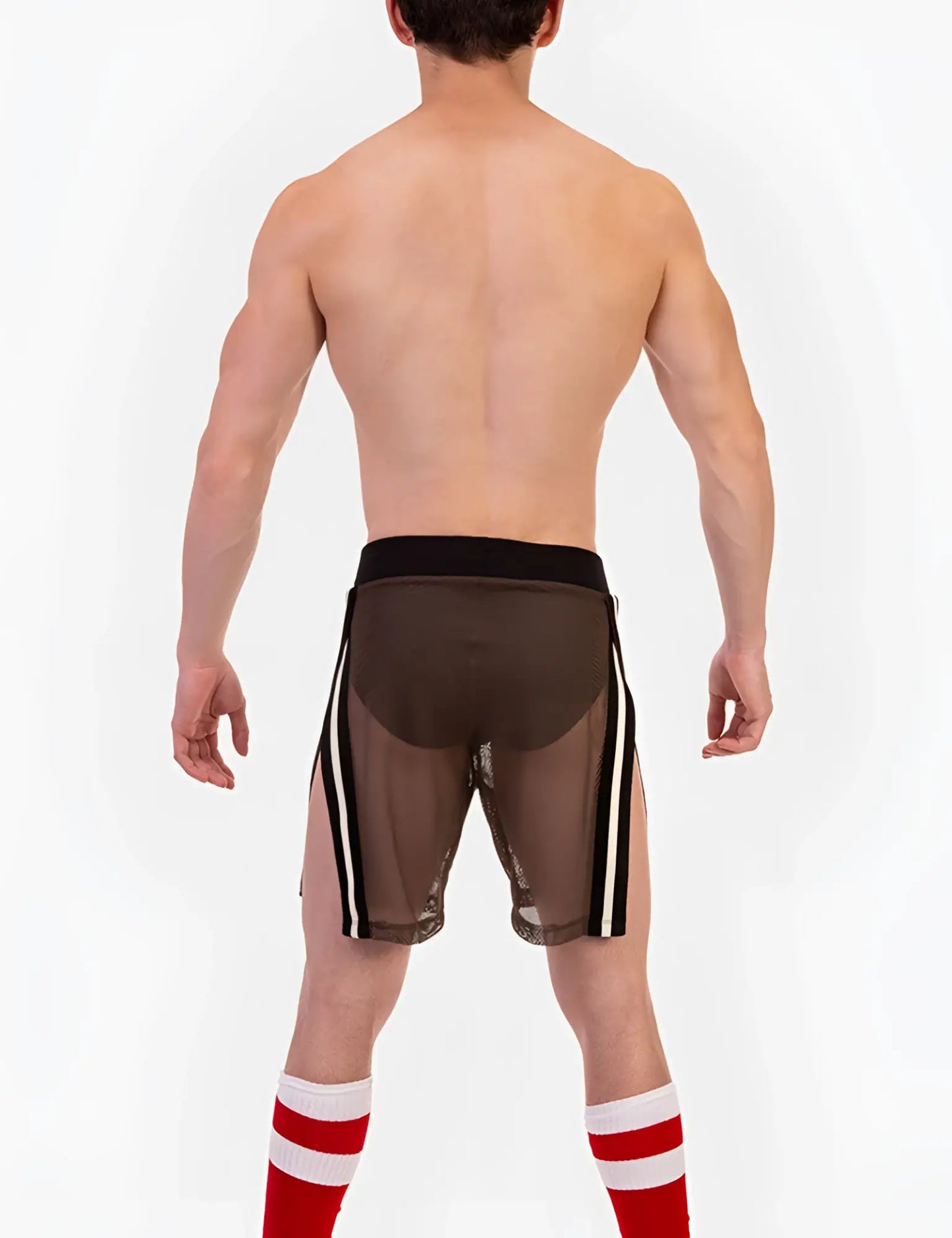 Brown mesh Barcode Berlin Eduard Split Sides shorts with black waistband and white side stripes in size L