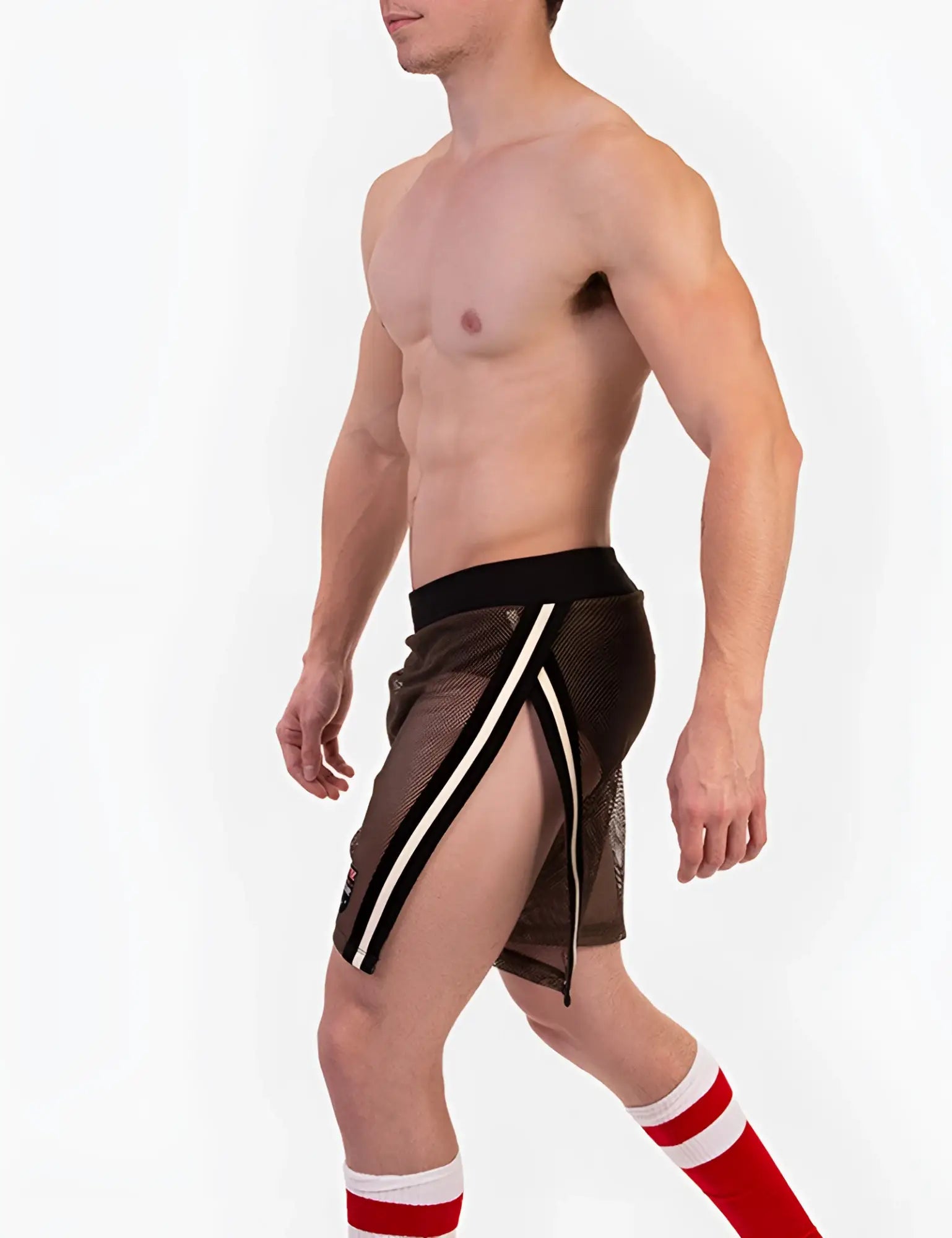 Barcode berlin eduard split sides mesh shorts green and black with white and black striped side panels size l