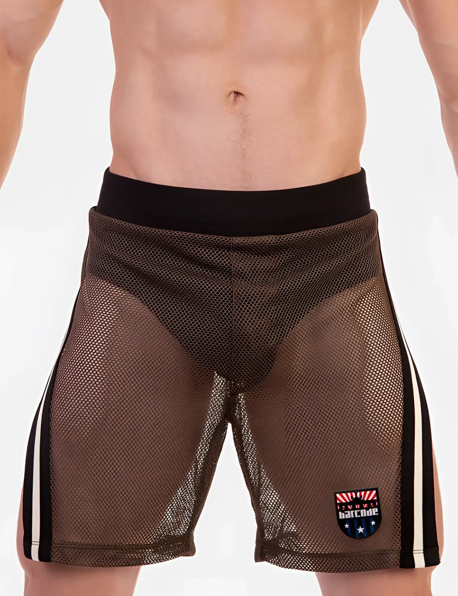 Brown mesh athletic shorts with black waistband white stripes and barcode logo patch on lower left leg by barcode berlin