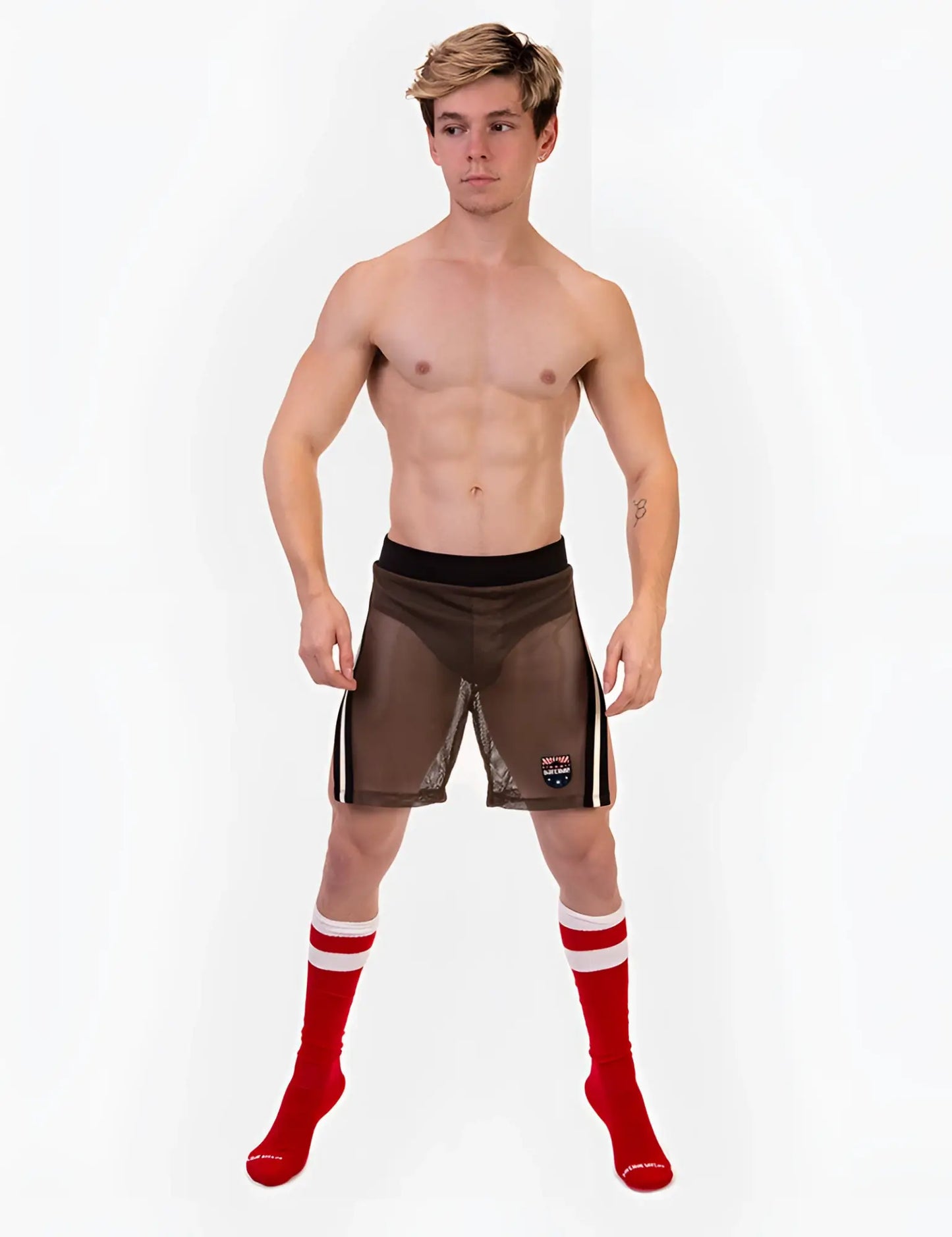 Brown mesh Barcode Berlin Eduard split sides athletic shorts with black waistband and white side stripes size L
