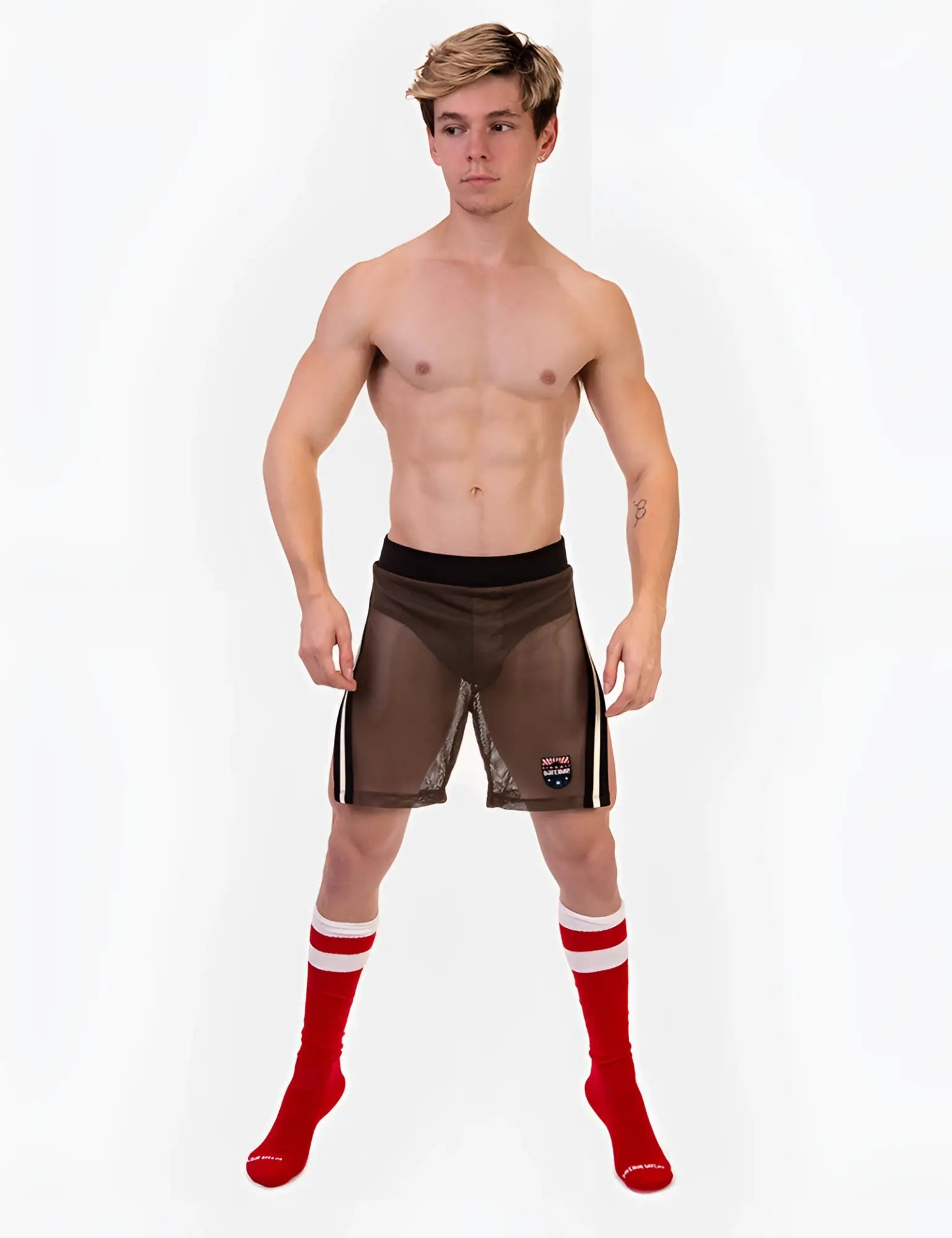 Brown mesh Barcode Berlin Eduard split sides athletic shorts with black waistband and white side stripes size L