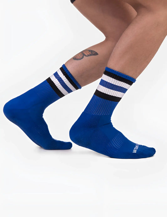 Royal blue barcode berlin fetish stripes half socks with black and white striped cuffs and kathmandu logo on heel