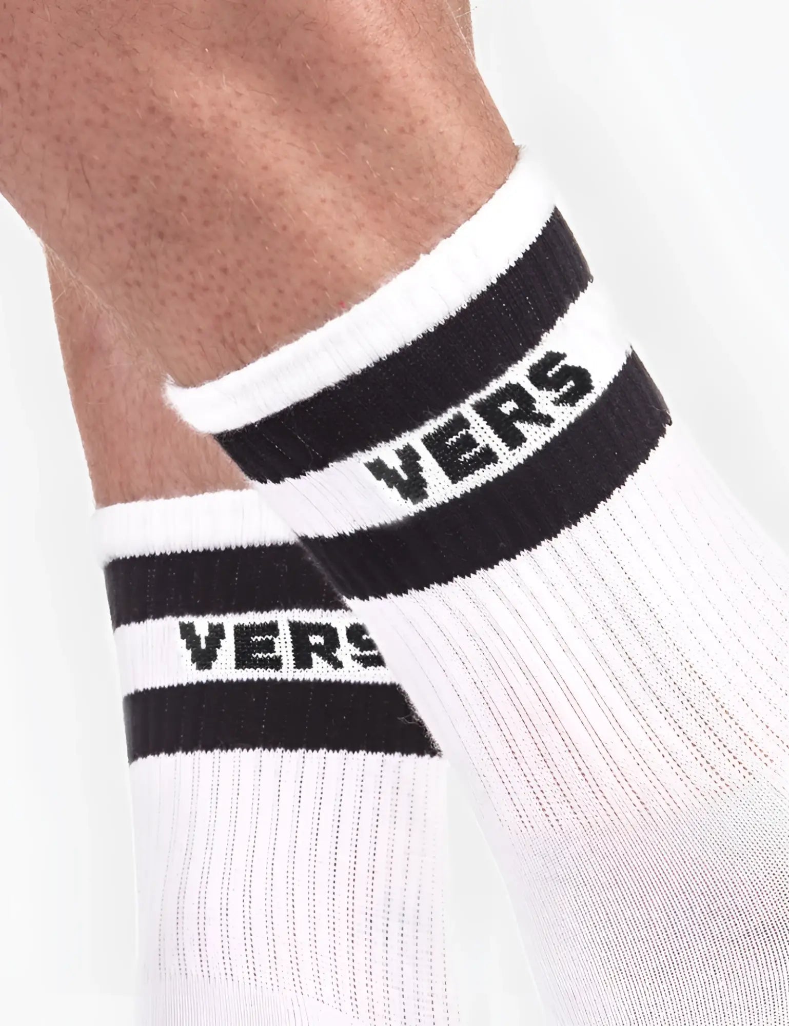White athletic socks barcode berlin fetish vers half socks with black ribbed stripes and bold vers lettering size l/xl