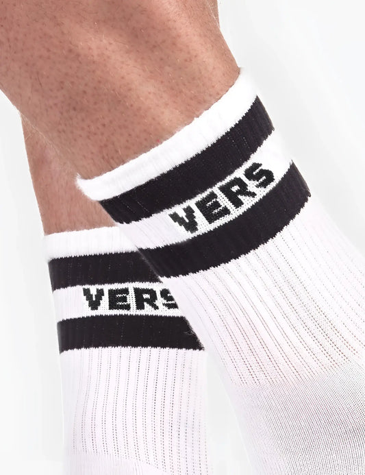 White athletic socks barcode berlin fetish vers half socks with black ribbed stripes and bold vers lettering size l/xl