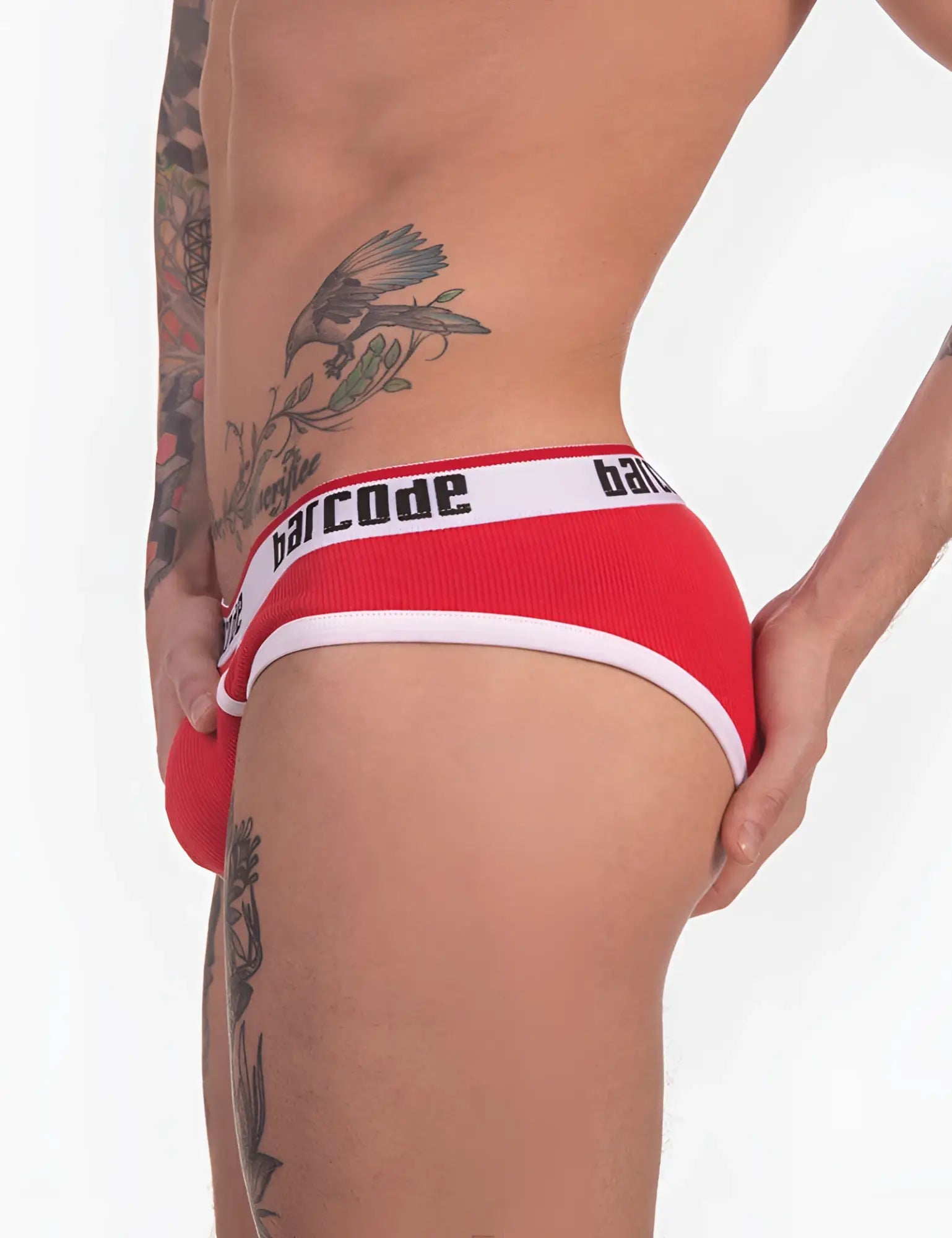 Red barcode brand briefs with white trim and black lettering on waistband size s by barcode berlin