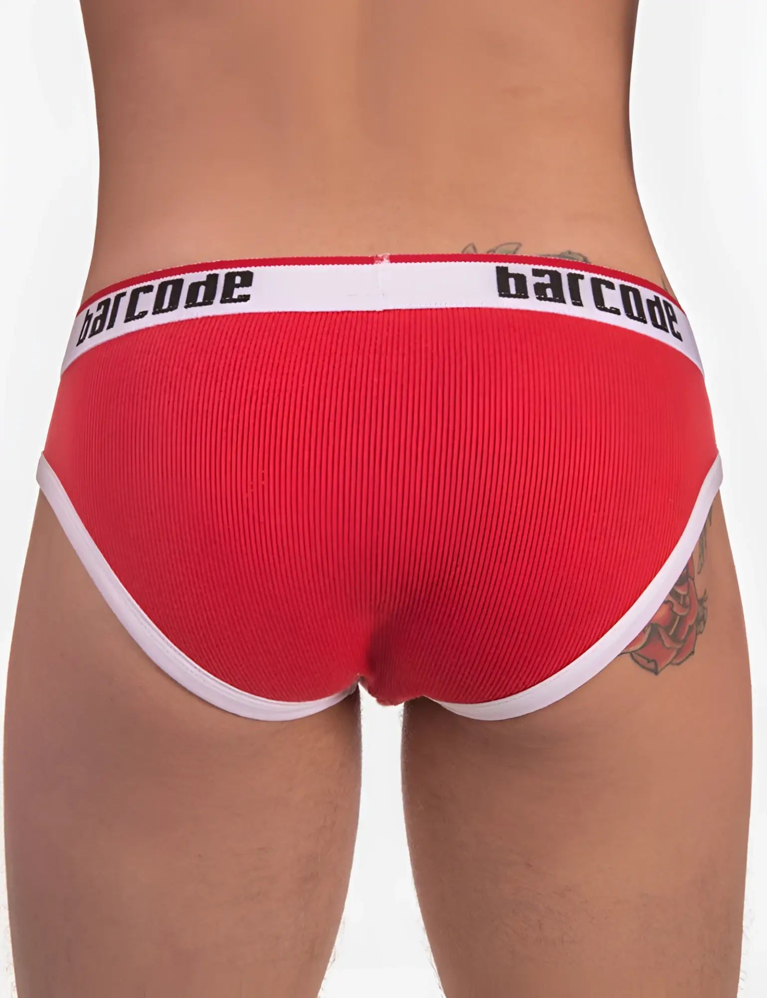 Red ribbed briefs with white trim and barcode logo on waistband from Barcode Berlin in size S