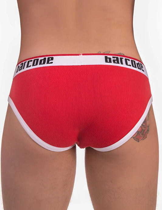 Red ribbed briefs with white trim and barcode logo on waistband from Barcode Berlin in size S