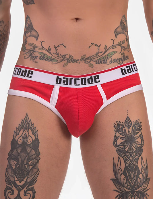 Red and white barcode berlin kai rib brief underwear with ribbed texture in size s showing front view