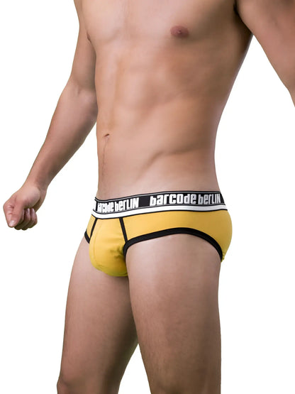 Yellow barcode berlin briefs with black trim and white waistband featuring brand name in size s for comfortable wear