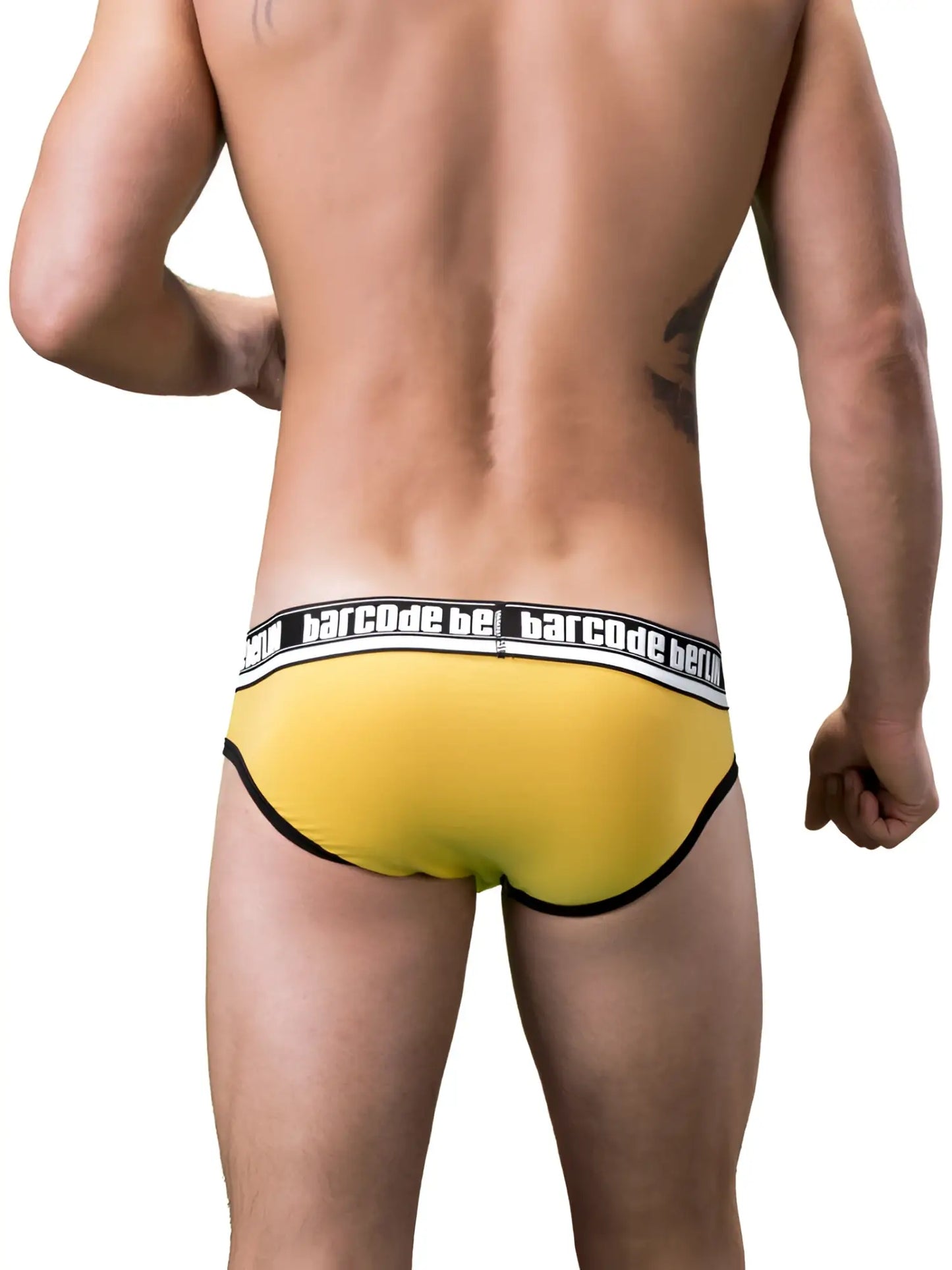 Yellow barcode bet briefs with black trim and white waistband featuring barcode berlin logo size s