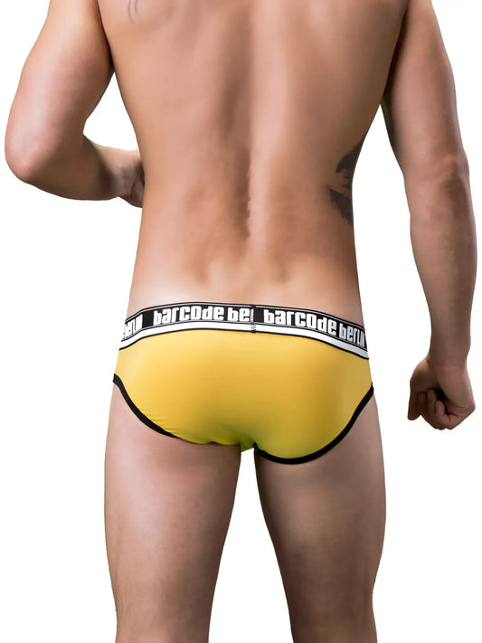Yellow barcode bet briefs with black trim and white waistband featuring barcode berlin logo size s