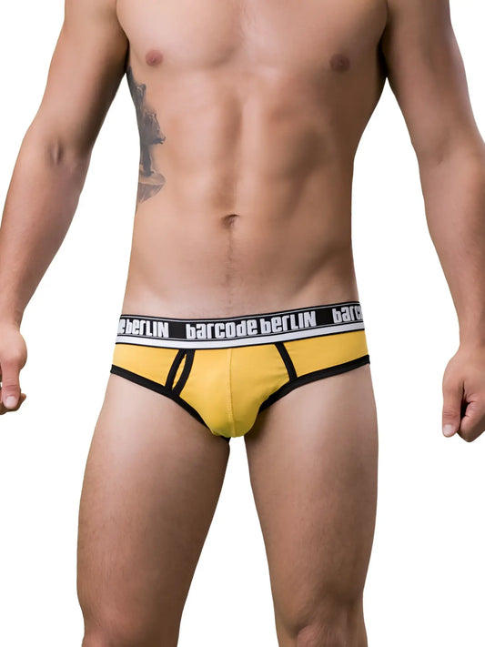 Yellow Barcode Berlin Kreuzberg briefs with black trim and white logo band in size S for comfortable everyday wear
