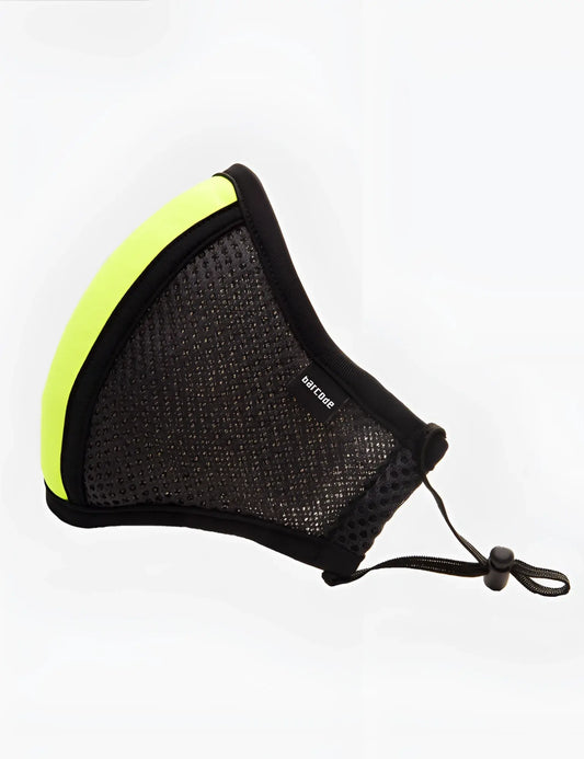 Black mesh face mask with neon yellow side panel and black elastic ear loops by Barcode Berlin unisex grey neon one size