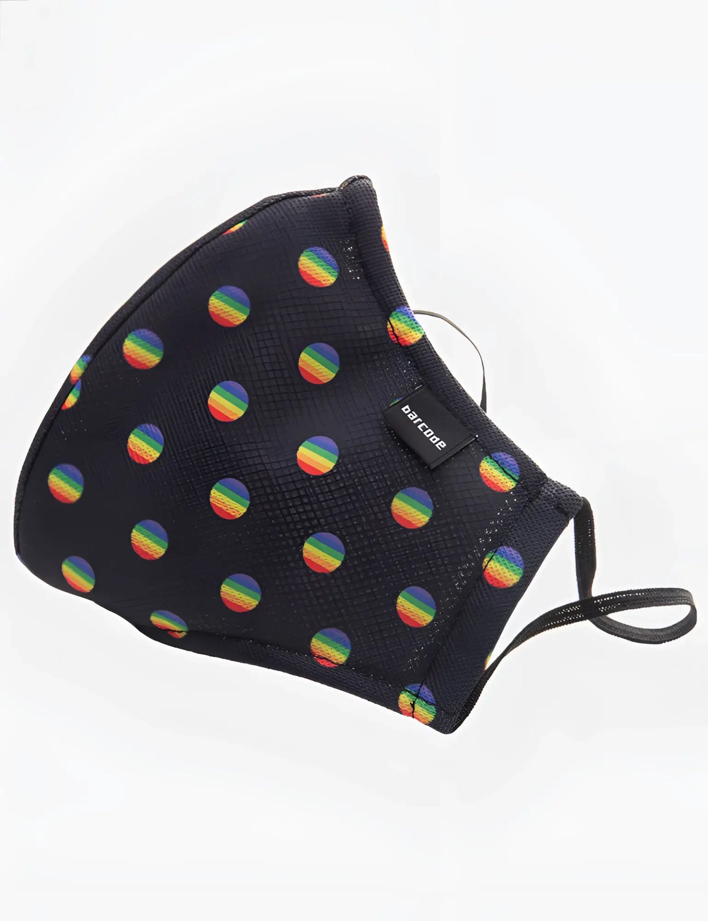 Black face mask with rainbow polka dots and a small black side tag by barcode berlin unisex one size