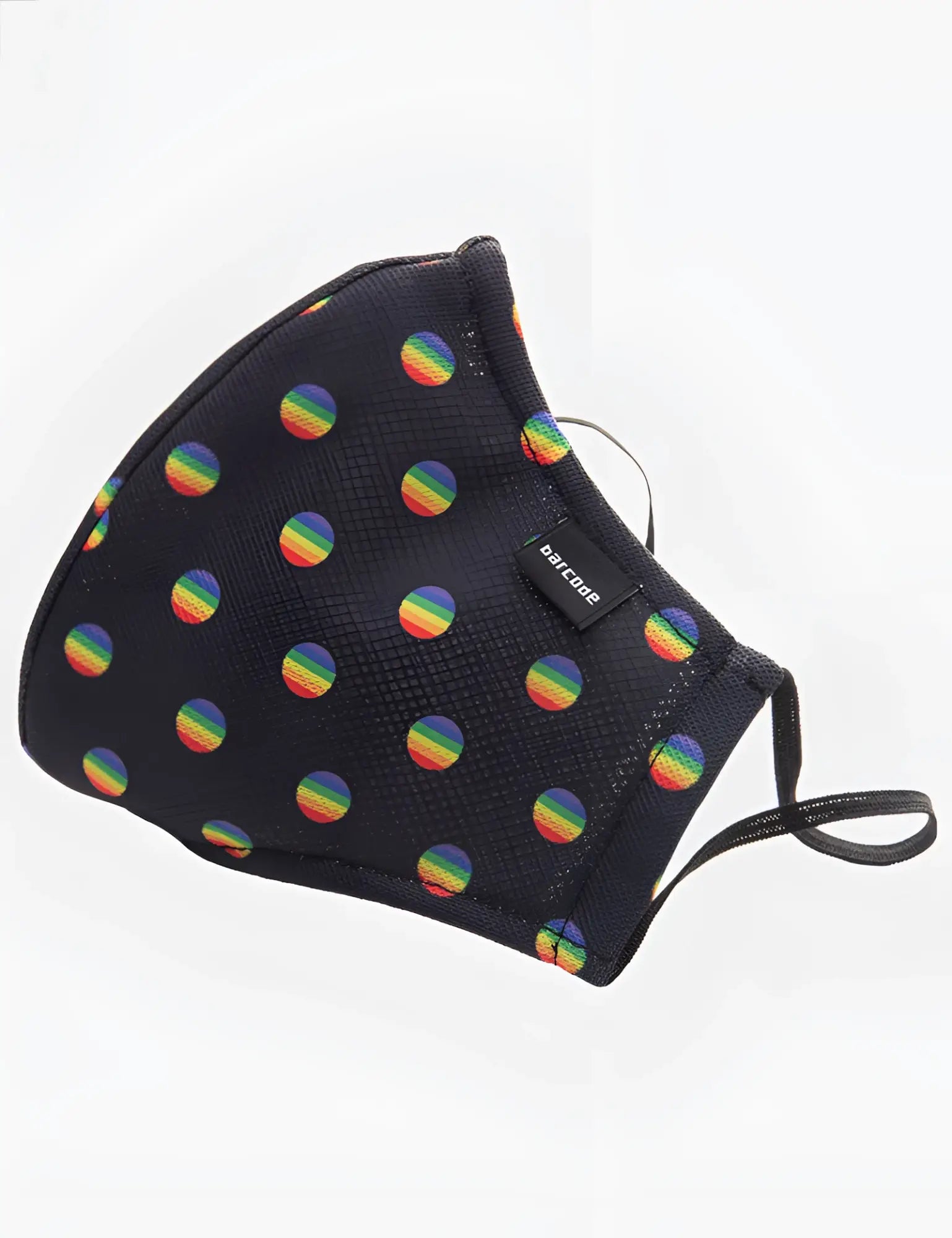Black face mask with rainbow polka dots and a small black side tag by barcode berlin unisex one size