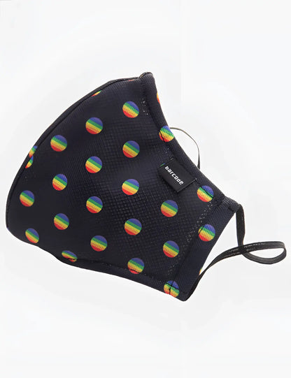 Black face mask with rainbow polka dots and a small black side tag by barcode berlin unisex one size
