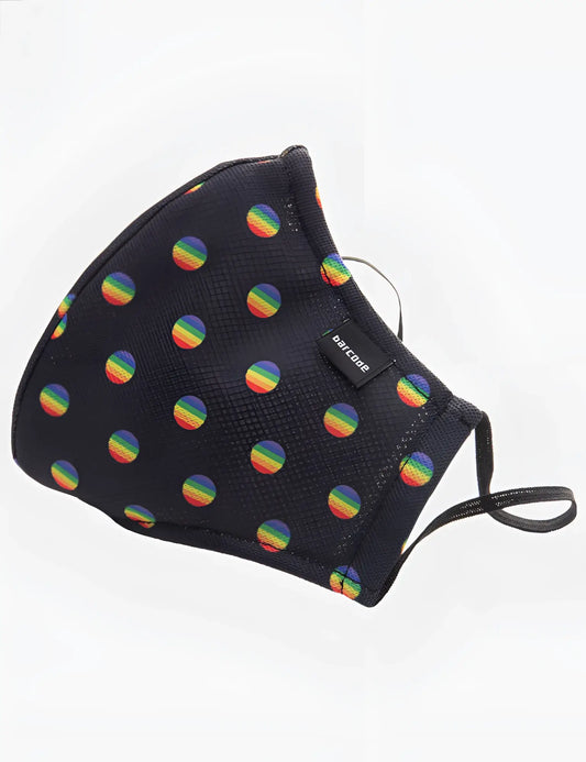 Black face mask with rainbow polka dots and a small black side tag by barcode berlin unisex one size