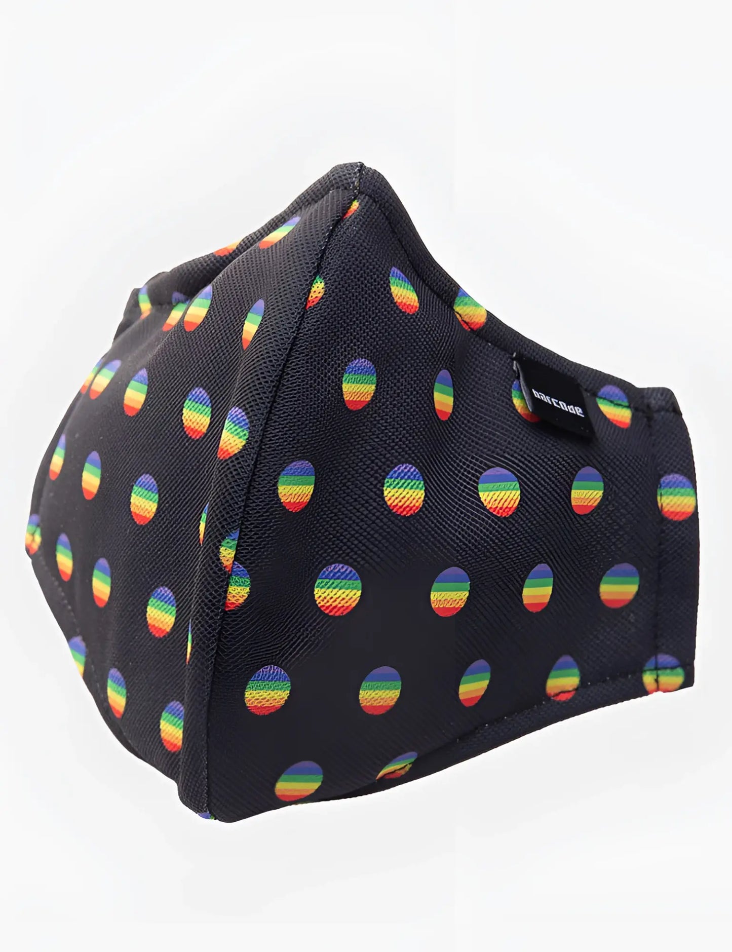 Black fabric face mask with colorful rainbow polka dots by Barcode Berlin unisex one size