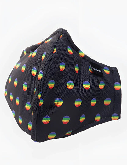 Black fabric face mask with colorful rainbow polka dots by Barcode Berlin unisex one size