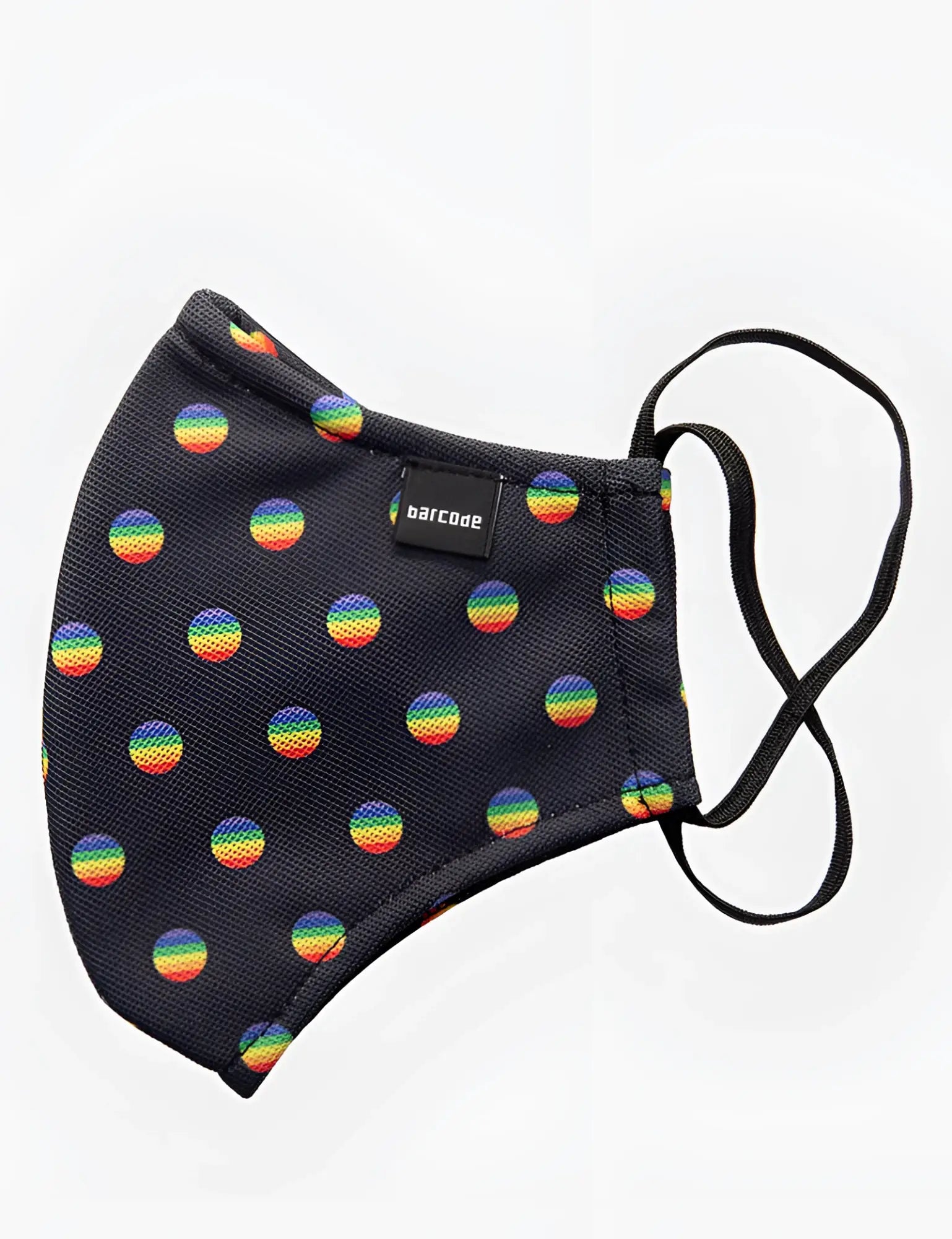 Black fabric face mask by barcode berlin with rainbow circular patterns and black elastic ear loops unisex one size