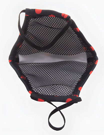 Barcode Berlin Major General Michelinho unisex black mesh face mask with red polka dots and adjustable ear loops