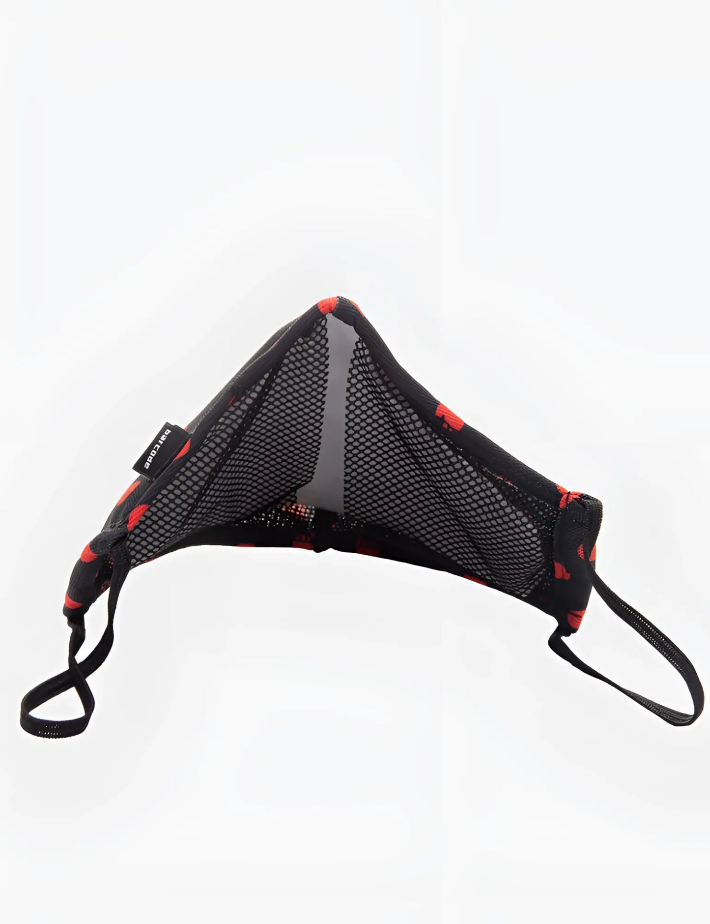Black mesh face mask with red elephant prints and adjustable elastic ear loops by barcode Berlin unisex one size