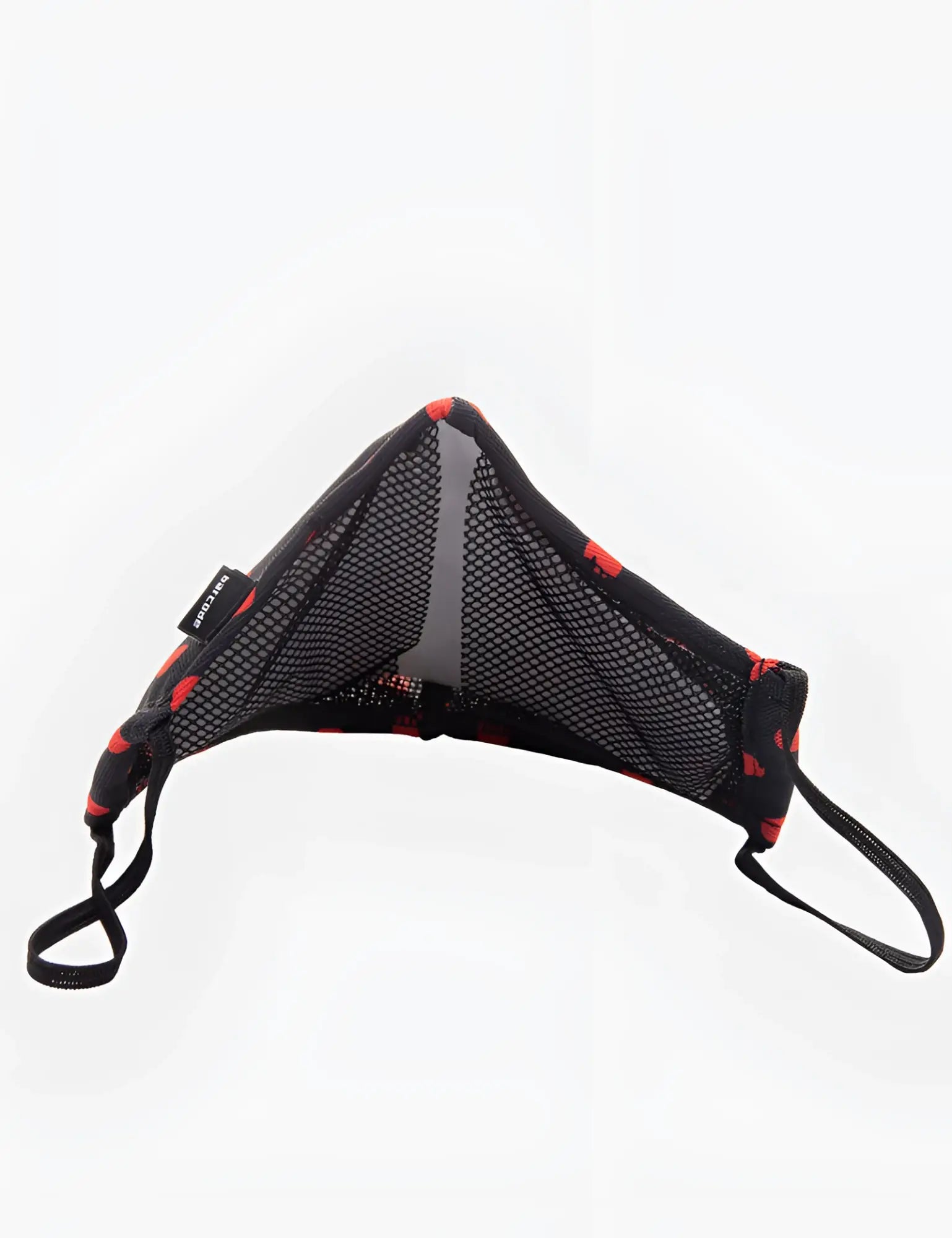 Black mesh face mask with red elephant prints and adjustable elastic ear loops by barcode Berlin unisex one size