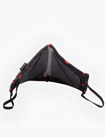 Black mesh face mask with red elephant prints and adjustable elastic ear loops by barcode Berlin unisex one size