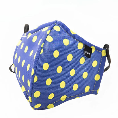 Blue fabric face mask with yellow polka dots and black elastic ear loops by barcode berlin unisex size one size